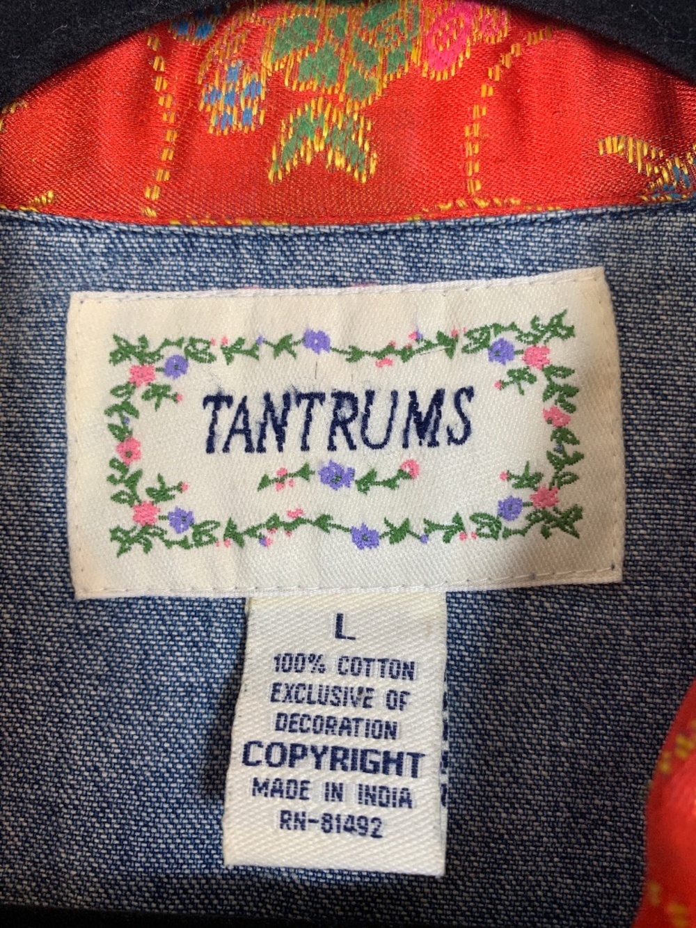 Tantrums Denim Jacket Women's Large Appliqué Cats Asian Flair Whimsical Artsy - Picture 2 of 16